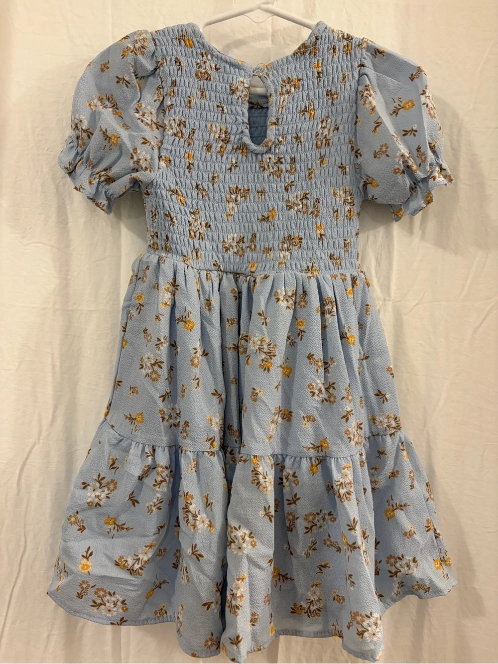 Rare Editions Girls' Light Blue Floral Smocked Puff-Sleeve Dress